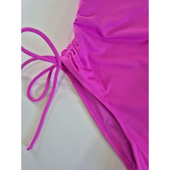 Shade & Shore Pink Ribbed One Piece Swimsuit Side Tie Adjustable Straps Medium - Picture 2 of 7